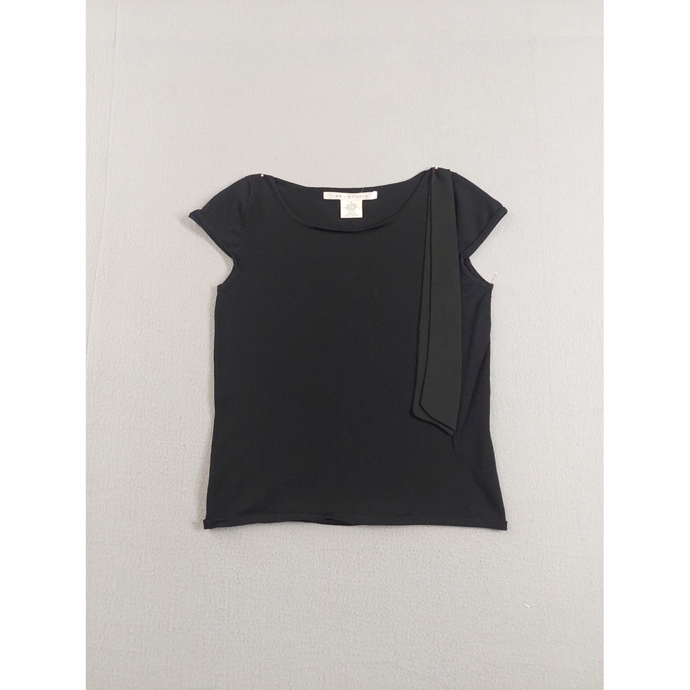 Max Studio Women Blouse Top M Black‎ Cap Sleeve Side Cascade Drape Elegant Party